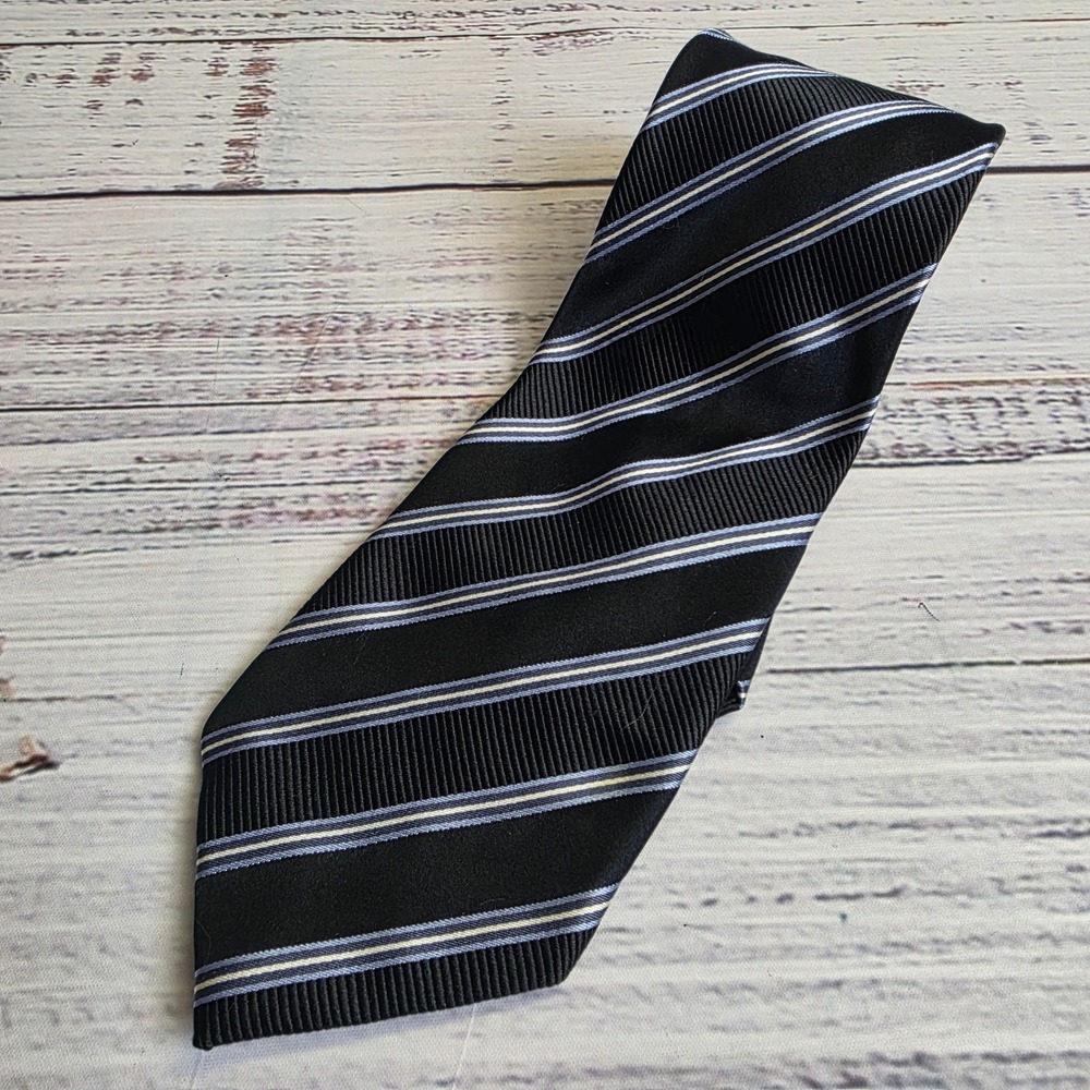 Donald Trump Signature Collection Silk Necktie Black Blue White Striped 3.5"x61"